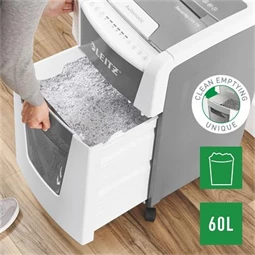Iratmegsemmisítő, mikrokonfetti, 300 lap, LEITZ IQ AutoFeed Office 300 P5 Pro, biztonsági fokozat: P-5, 60 lit tartály