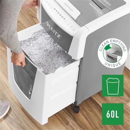 Iratmegsemmisítő, mikrokonfetti, 300 lap, LEITZ IQ AutoFeed Office 300 P5 Pro, biztonsági fokozat: P-5, 60 lit tartály