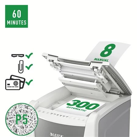 Iratmegsemmisítő, mikrokonfetti, 300 lap, LEITZ IQ AutoFeed Office 300 P5 Pro, biztonsági fokozat: P-5, 60 lit tartály