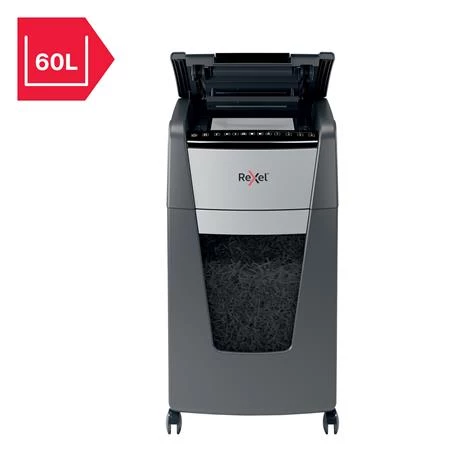 Iratmegsemmisítő, mikrokonfetti, 300 lap, REXEL, Optimum AutoFeed+ 300M, biztonsági fokozat: P-5, 60 literes tartály