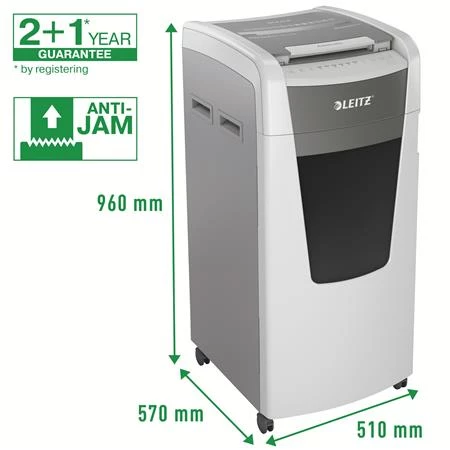 Iratmegsemmisítő, mikrokonfetti, 600 lap, LEITZ IQ AutoFeed Office 600 P5, biztonsági fokozat: P-5, 110 literes tartály