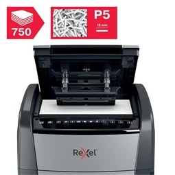 Iratmegsemmisítő, mikrokonfetti, 750 lap, REXEL Optimum AutoFeed+ 750M, biztonsági fokozat: P-5, 140 literes tartály