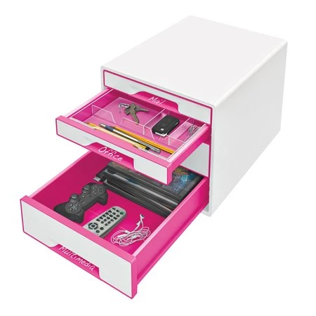 Irattároló doboz LEITZ Wow Cube műanyag, 4 fiókos, fehér/rózsaszín