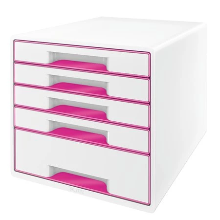 Irattároló doboz LEITZ Wow Cube műanyag, 5 fiókos, fehér/rózsaszín