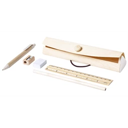 Írószer készlet, 5db-os fa tolltartóban golyóstoll, ceruza, 15 cm-es vonalzó, hegyező és radír