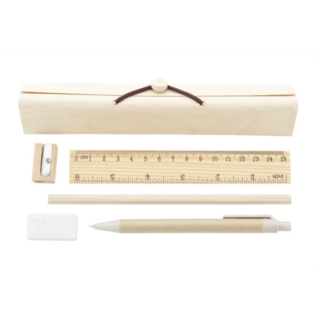Írószer készlet, 5db-os fa tolltartóban golyóstoll, ceruza, 15 cm-es vonalzó, hegyező és radír