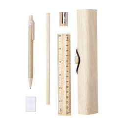 Írószer készlet, 5db-os fa tolltartóban golyóstoll, ceruza, 15 cm-es vonalzó, hegyező és radír