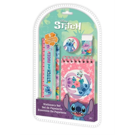 Írószer készlet, 5db-os Lilo és Stitch, vonalzó, jegyzetfüzet, radír, ceruza, hegyező