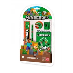 Írószer készlet, 5db-os Minecraftos, vonalzó, jegyzetfüzet, radír, ceruza, hegyező