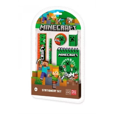 Írószer készlet, 5db-os Minecraftos, vonalzó, jegyzetfüzet, radír, ceruza, hegyező