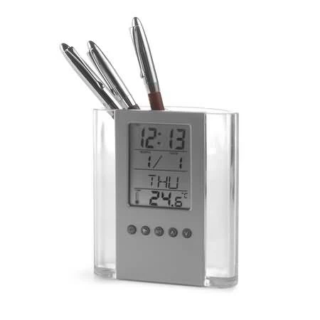 Írószertartó LCD kijelzővel, órával, ébresztővel, dátum és napok jelzővel, és hőmérővel.