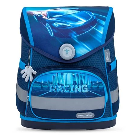 Iskolatáska ergonómikus BELMIL Compact Racing Blue Neon, versenyautó 37x30x19 cm mágneszárral
