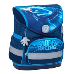 Iskolatáska ergonómikus BELMIL Compact Racing Blue Neon, versenyautó 37x30x19 cm mágneszárral