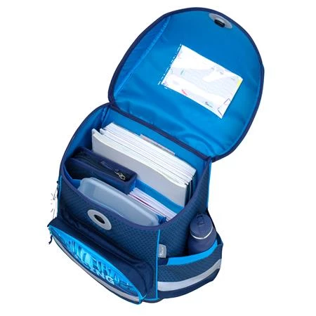 Iskolatáska ergonómikus BELMIL Compact Racing Blue Neon, versenyautó 37x30x19 cm mágneszárral