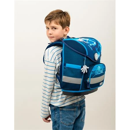 Iskolatáska ergonómikus BELMIL Compact Racing Blue Neon, versenyautó 37x30x19 cm mágneszárral