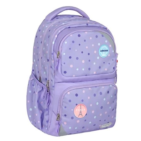 Iskolatáska ergonómikus BELMIL Maxi Pack Purple Dots lila pöttyös 42×30×17 cm cipzáras