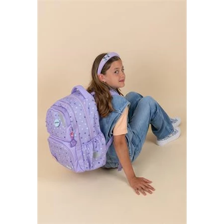 Iskolatáska ergonómikus BELMIL Maxi Pack Purple Dots lila pöttyös 42×30×17 cm cipzáras
