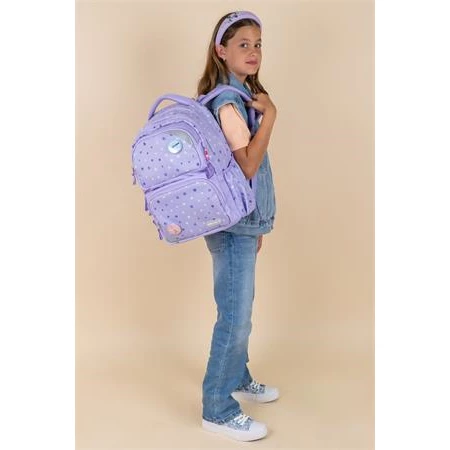 Iskolatáska ergonómikus BELMIL Maxi Pack Purple Dots lila pöttyös 42×30×17 cm cipzáras