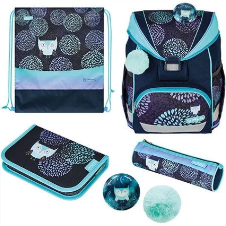 Iskolatáska szett ergonómikus HERLITZ UltraLight Plus Flower Owl 2 táskadísszel 2 tolltartóval és tornazsákkal
