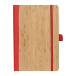 Jegyzetfüzet A/5 bambusz borítású elől, hátul piros újrahaszn. műa, 192 vonalas oldal  + toll hurok, 14,3 x 1,4 x 21cm