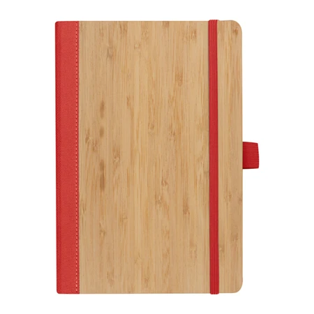 Jegyzetfüzet A/5 bambusz borítású elől, hátul piros újrahaszn. műa, 192 vonalas oldal  + toll hurok, 14,3 x 1,4 x 21cm