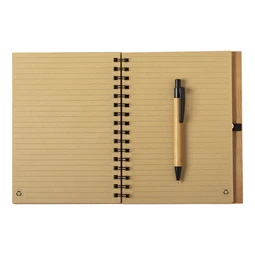 Jegyzetfüzet A/5 bambusz borító, 160 vonalas oldal + toll, gumis záródás 17x21,5x18 cm spirálkötésű
