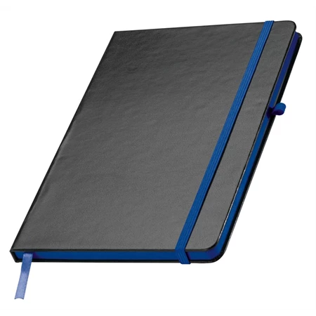 Jegyzetfüzet A/5 fekete PVC borító, 80 vonalas lap, kék kiegészítőkkel + tolltartó gumigyűrű