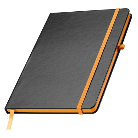 Jegyzetfüzet A/5 fekete PVC borító, 80 vonalas lap, narancs kiegészítőkkel + tolltartó gumigyűrű