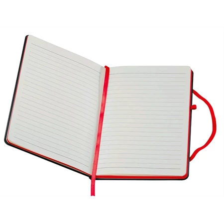 Jegyzetfüzet A/5 fekete PVC borító, 80 vonalas lap, piros kiegészítőkkel + tolltartó gumigyűrű