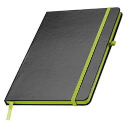 Jegyzetfüzet A/5 fekete PVC borító, 80 vonalas lap, zöld kiegészítőkkel