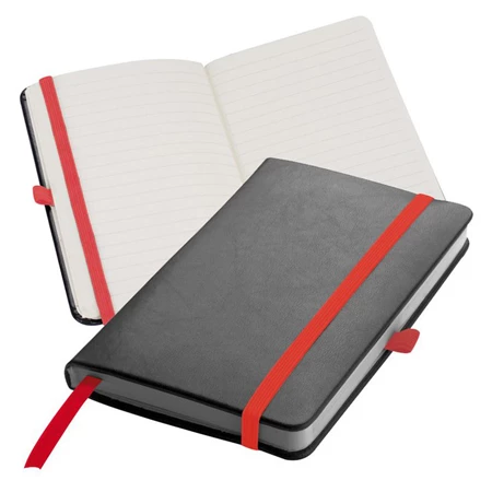 Jegyzetfüzet A/6 gumis, 160 vonalas oldal, műbőr fekete fedeles, piros gumi