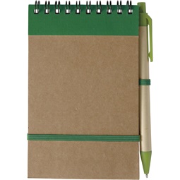 Jegyzetfüzet A/6 újrahasznosított+toll,  felül spirálos, gumis 70 lapos vonalas natúr/zöld