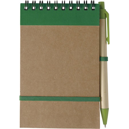 Jegyzetfüzet A/6 újrahasznosított+toll,  felül spirálos, gumis 70 lapos vonalas natúr/zöld