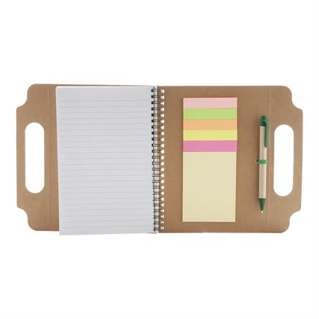 Jegyzetfüzet A/5 újrahasznosított golyóstollal, jegyzetjelölővel spirálos, 70 lapos vonalas natúr