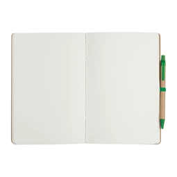 Jegyzetfüzet A/5 újrahasznosított karton fedőlap + toll, zöld gumis 120 oldalas sima lapok, 14 x 21,1 x 0,6 cm