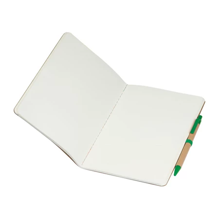 Jegyzetfüzet A/5 újrahasznosított karton fedőlap + toll, zöld gumis 120 oldalas sima lapok, 14 x 21,1 x 0,6 cm
