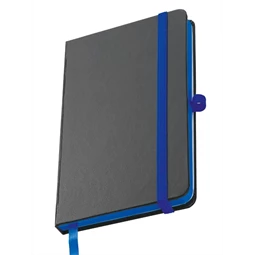 Jegyzetfüzet A/6 műbőr fekete, színes gumis, 160 vonalas oldal, kék papírszél