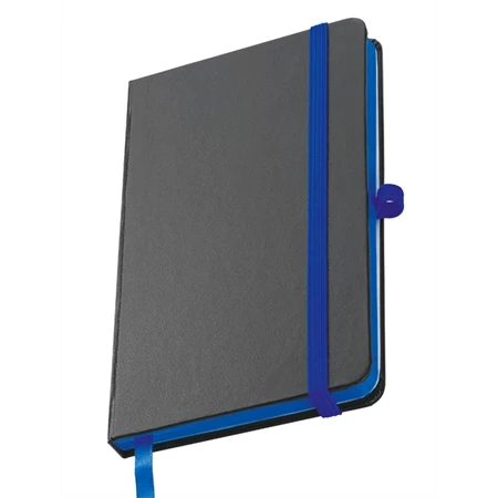 Jegyzetfüzet A/6 műbőr fekete, színes gumis, 160 vonalas oldal, kék papírszél