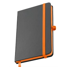 Jegyzetfüzet A/6 műbőr fekete, színes gumis, 160 vonalas oldal, narancs papírszél