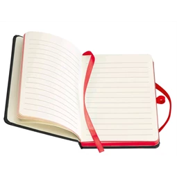 Jegyzetfüzet A/6 műbőr fekete, színes gumis, 160 vonalas oldal, piros papírszél