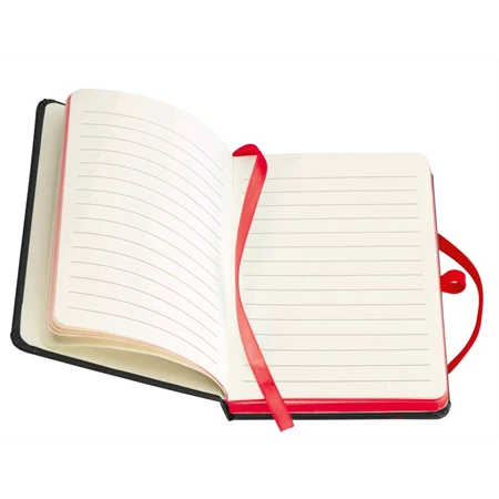 Jegyzetfüzet A/6 műbőr fekete, színes gumis, 160 vonalas oldal, piros papírszél