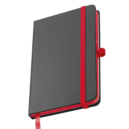 Jegyzetfüzet A/6 műbőr fekete, színes gumis, 160 vonalas oldal, piros papírszél