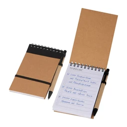 Jegyzetfüzet A/6 újrahasznosított + toll,  felül spirálos, gumis 70 lapos vonalas natúr/fekete 14,5 x 9 cm