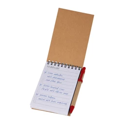 Jegyzetfüzet A/6 újrahasznosított + toll,  felül spirálos, gumis 70 lapos vonalas natúr/piros 14,5 x 9 cm