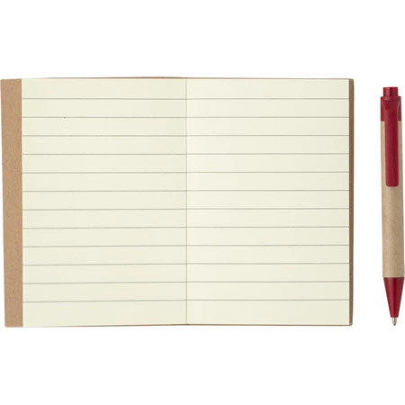 Jegyzetfüzet A/7 újrahasznosított +toll,  80lap, natúr/piros (fekete tollbetéttel)