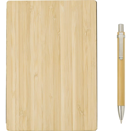 Jegyzetfüzet A/5 bambusz borító, 128 vonalas lap + toll, 18,8x13x2cm