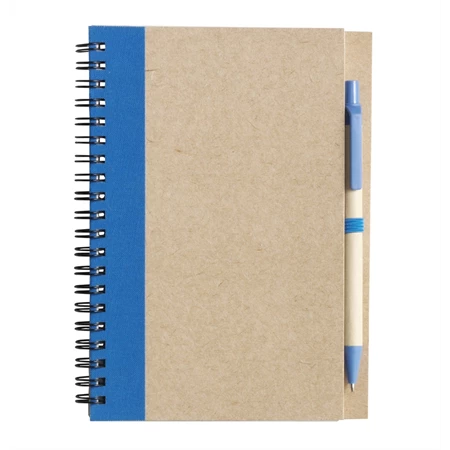 Jegyzetfüzet újrahasznosított + toll, spirálos, 13,5 x 1 x 17,8 cm, gumis 60 lapos vonalas natúr/kék