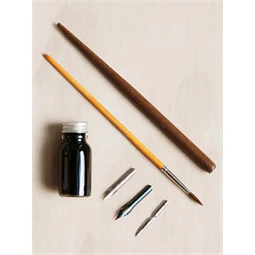 Kalligrafikus szett, G.Lalo szett, fa tollszár, +3 féle hegy, tinta, ecset