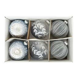 Karácsonfadísz gömb vintage, vonal mintával, dombor mintával, akasztós üveg 8cm kék-ezüst 6db/csomag