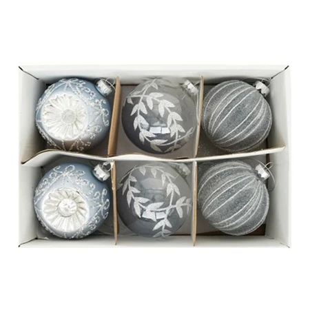 Karácsonfadísz gömb vintage, vonal mintával, dombor mintával, akasztós üveg 8cm kék-ezüst 6db/csomag